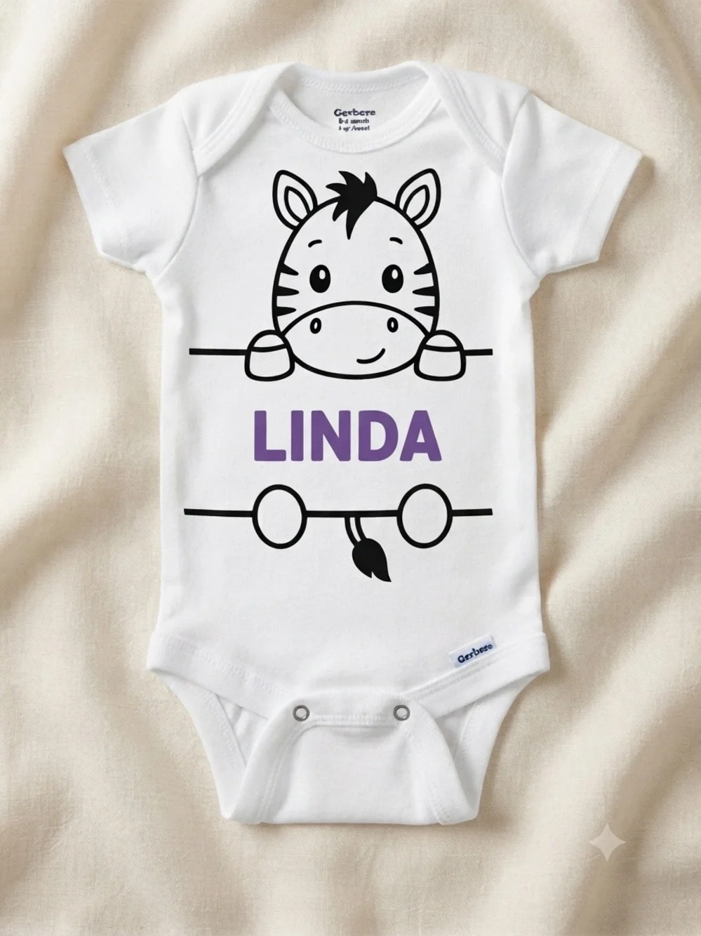 Gerber White Onesie with Black Zebra and Purple Name